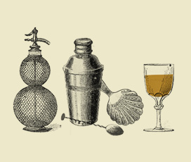 vintage soda syphon, shaker, spoon, strainer and cocktail glass